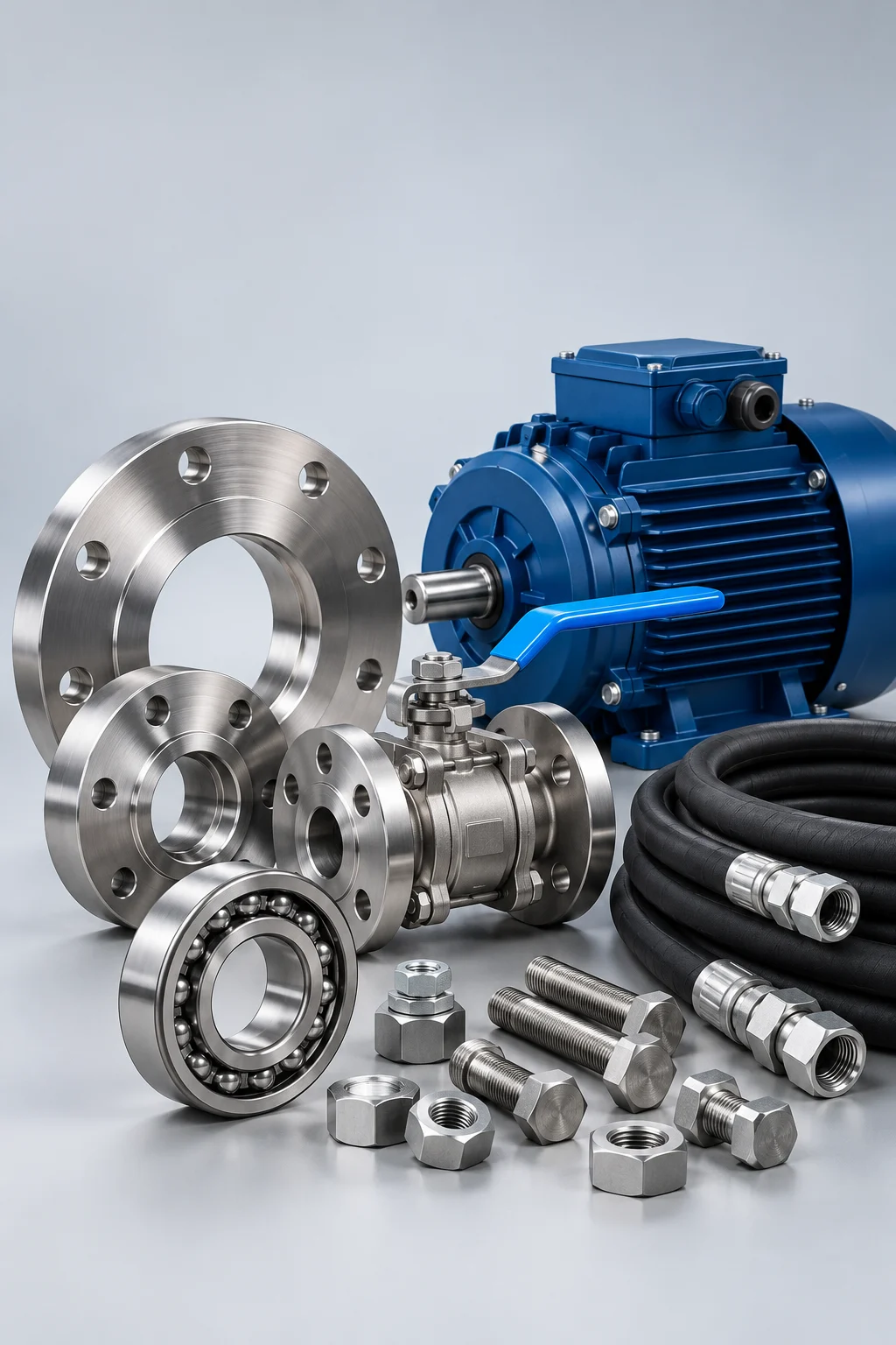 Composição ilustrativa de motor, flanges, válvula, rolamento e componentes industriais